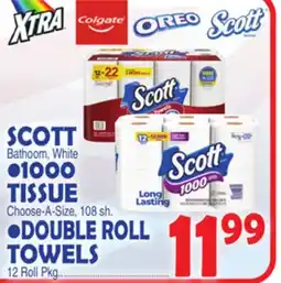 Bravo Supermarkets SCOTT BATHOOM, WHITE 1000 TISSUE CHOOSE 108SH DOUBLE ROLL TOWELS 12 ROLL PKG offer