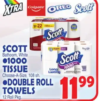 Bravo Supermarkets SCOTT BATHOOM, WHITE 1000 TISSUE CHOOSE 108SH DOUBLE ROLL TOWELS 12 ROLL PKG offer