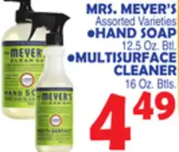 Bravo Supermarkets MRS. MEYER'S HAND SOAP 12.5 OZ. BTL., MULTISURFACE CLEANER 16 OZ. BTLS offer