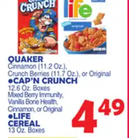 Bravo Supermarkets QUAKER CAP'N CRUNCH, LIFE CEREAL offer