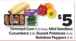 Weis Markets Trimmed Corn 5 ct tray Mini Seedless Cucumbers 2 lb Russet Potatoes 4 ct Rainbow Peppers 3 ct offer