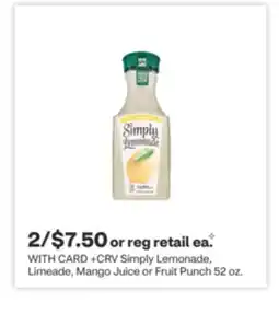 CVS Simply Lemonade, Limeade, Mango Juice or Fruit Punch 52 oz offer