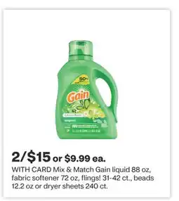 CVS Gain liquid 88 oz, fabric softener 72 oz, flings! 31-42 ct., beads 12.2 oz or dryer sheets 240 ct offer