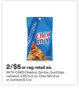 CVS Cheetos, Doritos, SunChips canisters 3.65-5.12 oz, Chex Mix 8 oz or Combos 6.3 oz offer