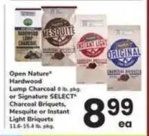 Safeway Open Nature Hardwood Lump Charcoal or Signature SELECT Charcoal Briquets offer