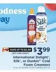 ShopRite International Delight, Silk, or Dunkin' Cold Foam Creamers offer