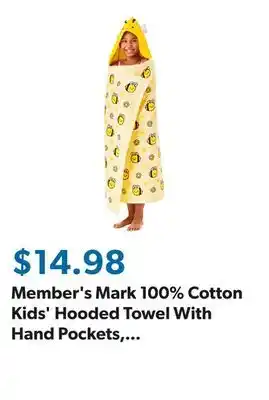 Sam's Club Member's Mark 100% Cotton Kids' Hooded Towel With Hand Pockets, Assorted Designs offer