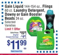 Smart & Final Gain Liquid, Flings Laundry Detergent, Downy or Gain Booster Beads offer