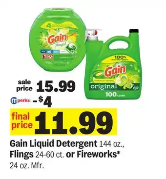 Meijer Gain Liquid Detergent 144 oz., Flings 24-60 ct. or Fireworks 24 oz offer