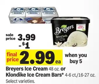 Meijer Breyers Ice Cream 48 oz. or Klondike Ice Cream Bars 4-6 ct./16-27 oz offer