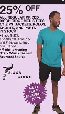 Dunham's Sports ALL REGULAR PRICED BISON RIDGE MEN'S TEES, 1/4 ZIPS, JACKETS, POLOS, SHORTS, AND PANTS IN STOCK offer