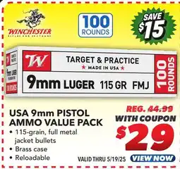 Big 5 Winchester USA 9mm Pistol Ammunition Value Pack offer