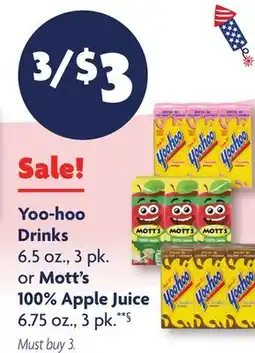 Family Dollar Yoo-hoo Drinks 6.5 oz., 3 pk. or Mott's 100% Apple Juice 6.75 oz., 3 pk offer