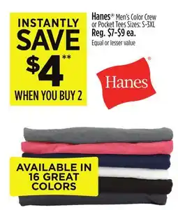 Dollar General Hanes Men's Color Crew or Pocket Tees offer