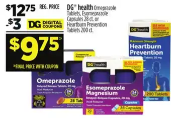 Dollar General DG health Omeprazole Tablets, Esomeprazole Capsules 28 ct. or Heartburn Prevention Tablets 200 ct offer