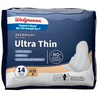 Walgreens Ultra Thin Maxi Pads, Overnight, With Flexi-Wings Unscented, Size 4 (14 ct) offer