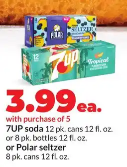 Hy-Vee 7UP soda 12 pk. cans 12 fl. oz. or 8 pk. bottles 12 fl. oz. or Polar seltzer 8 pk. cans 12 fl. oz offer