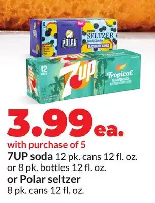 Hy-Vee 7UP soda 12 pk. cans 12 fl. oz. or 8 pk. bottles 12 fl. oz. or Polar seltzer 8 pk. cans 12 fl. oz offer