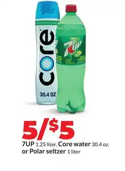 Hy-Vee 7UP 1.25 liter, Core water 30.4 oz. or Polar seltzer 1 liter offer