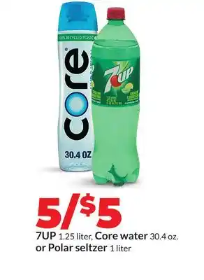 Hy-Vee 7UP 1.25 liter, Core water 30.4 oz. or Polar seltzer 1 liter offer