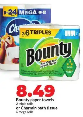 Hy-Vee Bounty paper towels 2 triple rolls or Charmin bath tissue 6 mega rolls offer