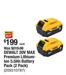 The Home Depot DEWALT 20V MAX Premium Lithium-Ion 5.0Ah Battery Pack (2 Pack) offer