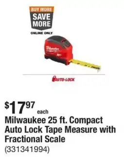 The Home Depot Milwaukee 25 ft. Compact Auto Lock Tape Measure with Fractional Scale offer