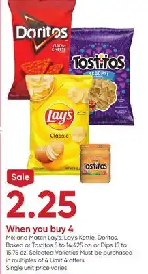 Stater Bros Lay's, Lay's Kettle, Doritos, Baked or Tostitos 5 to 14.425 oz. or Dips 15 to 15.75 oz offer