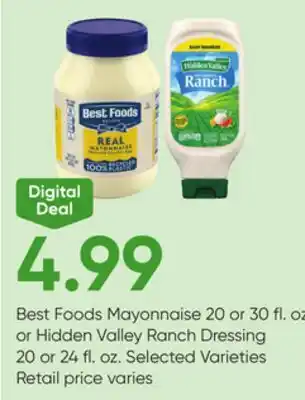 Stater Bros Best Foods Mayonnaise 20 or 30 fl. oz. or Hidden Valley Ranch Dressing 20 or 24 fl. oz offer