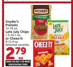 Albertsons Snyder's Pretzels 12-16 oz. Late July Chips 7.5-10.1 oz. or Cheez-It 9-12.4 oz offer