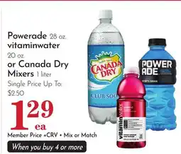 Pavilions Powerade 28 oz. vitaminwater 20 oz. or Canada Dry Mixers 1 liter offer