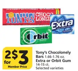 Vons Tony's Chocolonely Bars 1.66-1.76 oz. Extra or Orbit Gum 14-15 ct offer