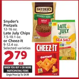Vons Snyder's Pretzels 12-16 oz. Late July Chips 7.5-10.1 oz. or Cheez-It 9-12.4 oz offer
