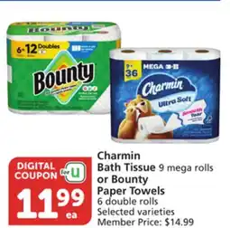 Vons Charmin Bath Tissue 9 mega rolls or Bounty Paper Towels 6 double rolls offer