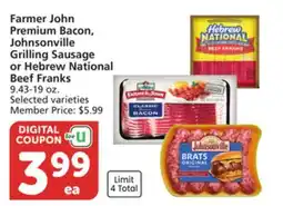 Vons Farmer John Premium Bacon, Johnsonville Grilling Sausage or Hebrew National Beef Franks offer