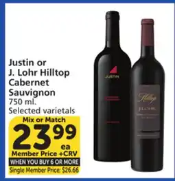 Vons Justin or J. Lohr Hilltop Cabernet Sauvignon offer