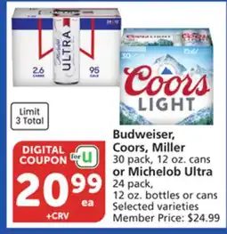 Vons Budweiser, Coors, Miller 30 pack, 12 oz. cans or Michelob Ultra 24 pack, 12 oz. bottles or cans offer