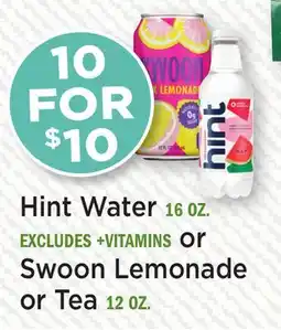 Heinen's Hint Water 16 OZ. or Swoon Lemonade or Tea 12 OZ offer