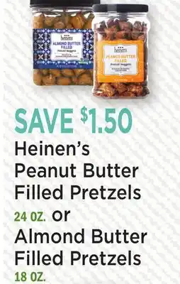 Heinen's Heinen's Peanut Butter Filled Pretzels 24 OZ. or Almond Butter Filled Pretzels 18 OZ offer
