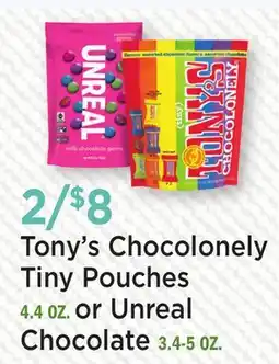 Heinen's Tony's Chocolonely Tiny Pouches 4.4 OZ. or Unreal Chocolate 3.4-5 OZ offer