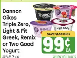 Tony’s Fresh Market Dannon Oikos Triple Zero Light & Fit Greek, Remix or Two Good Yogurt offer