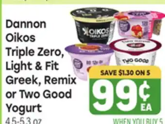 Tony’s Fresh Market Dannon Oikos Triple Zero Light & Fit Greek, Remix or Two Good Yogurt offer