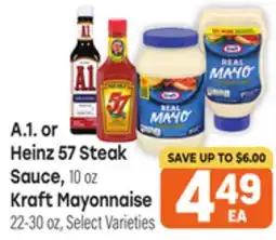 Tony’s Fresh Market A.1. or Heinz 57 Steak Sauce, 10 oz, Kraft Mayonnaise 22-30 oz offer
