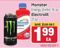 Tony’s Fresh Market Monster Energy Drinks, 16 oz, Electrolit 21 oz offer
