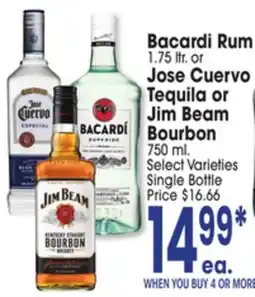 Jewel-Osco Bacardi Rum 1.75 ltr. or Jose Cuervo Tequila or Jim Beam Bourbon 750 ml offer
