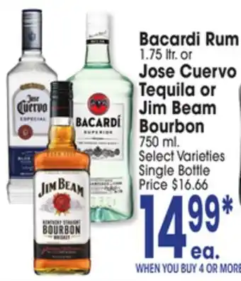 Jewel-Osco Bacardi Rum 1.75 ltr. or Jose Cuervo Tequila or Jim Beam Bourbon 750 ml offer
