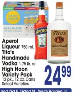 Jewel-Osco Aperol Liqueur 750 ml. Tito's Handmade Vodka 1.75 ltr. or High Noon Variety Pack offer