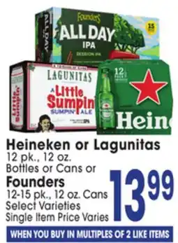 Jewel-Osco Heineken or Lagunitas 12 pk., 12 oz. Bottles or Cans or Founders 12-15 pk., 12 oz. Cans offer