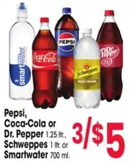 Jewel-Osco Pepsi, Coca-Cola or Dr. Pepper 1.25 ltr., Schweppes 1 ltr. or Smartwater 700 ml offer