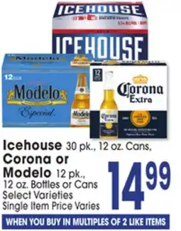 Jewel-Osco Icehouse 30 pk., 12 oz. Cans, Corona or Modelo 12 pk., 12 oz. Bottles or Cans offer